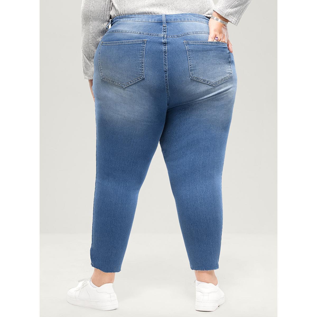 Plus Size Skinny Very Stretchy High Rise Medium Wash Distressed Jeans Women LightBlue Casual Plain High stretch Pocket Jeans BloomChic 16/1X Product Image