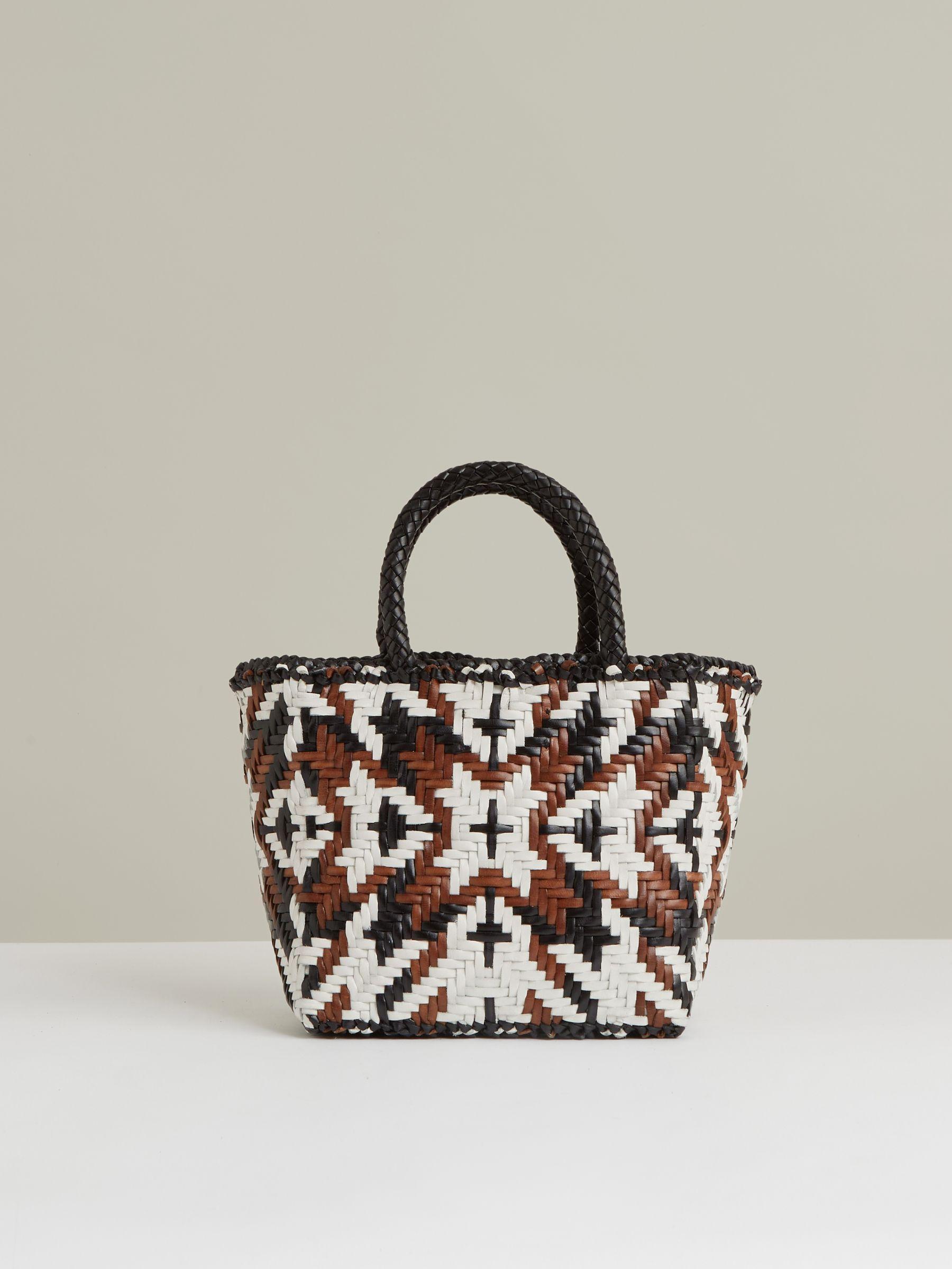 Small Leather Woven Tote Bag in Tan/White/Black Product Image
