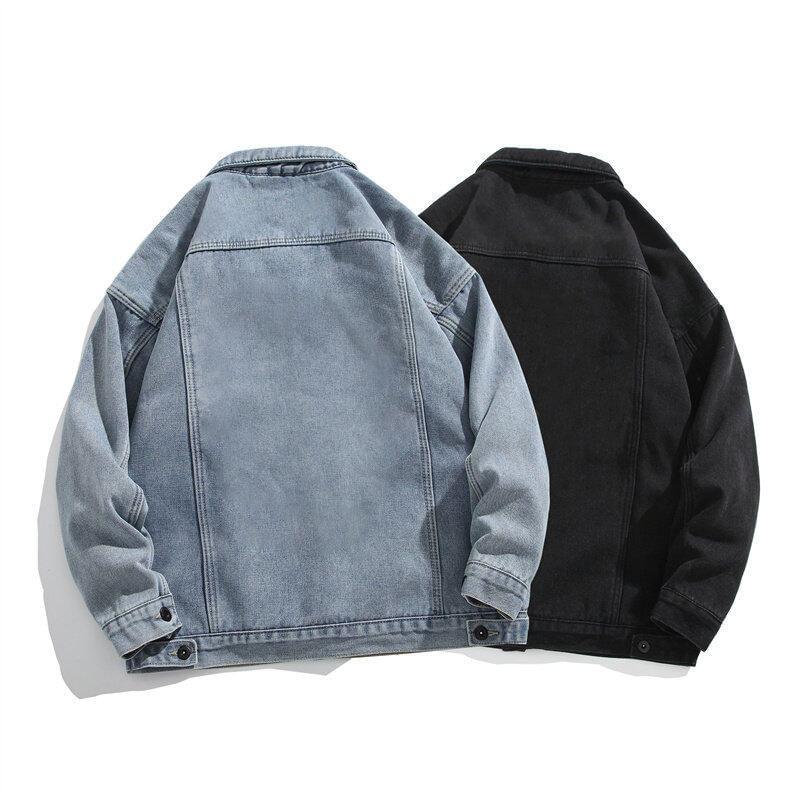 Collared Plain Panel Fleece-Lined Button Denim Jacket Product Image