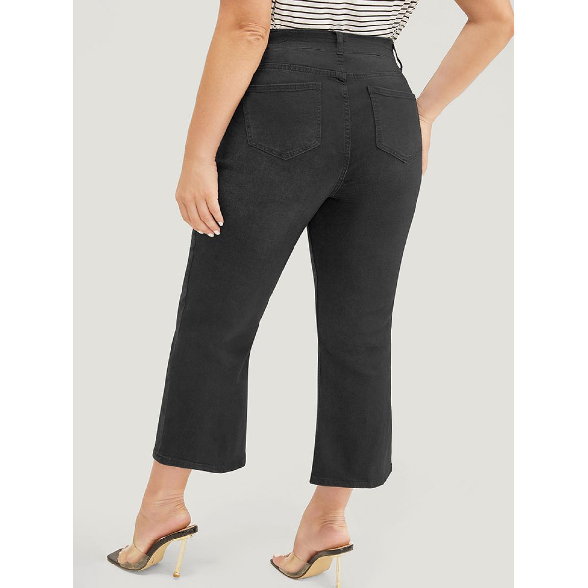 Plus Size Bootcut Slightly Stretchy High Rise Black Wash Cropped Jeans Women Black Casual Plain Pocket Low stretch Pocket Jeans BloomChic 12/L Product Image