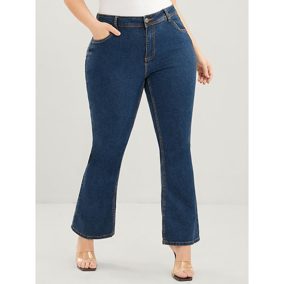 Plus Size Bootcut Slightly Stretchy High Rise Dark Wash Jeans Women Indigo Casual Plain Plain Low stretch Pocket Jeans BloomChic 12/L Product Image