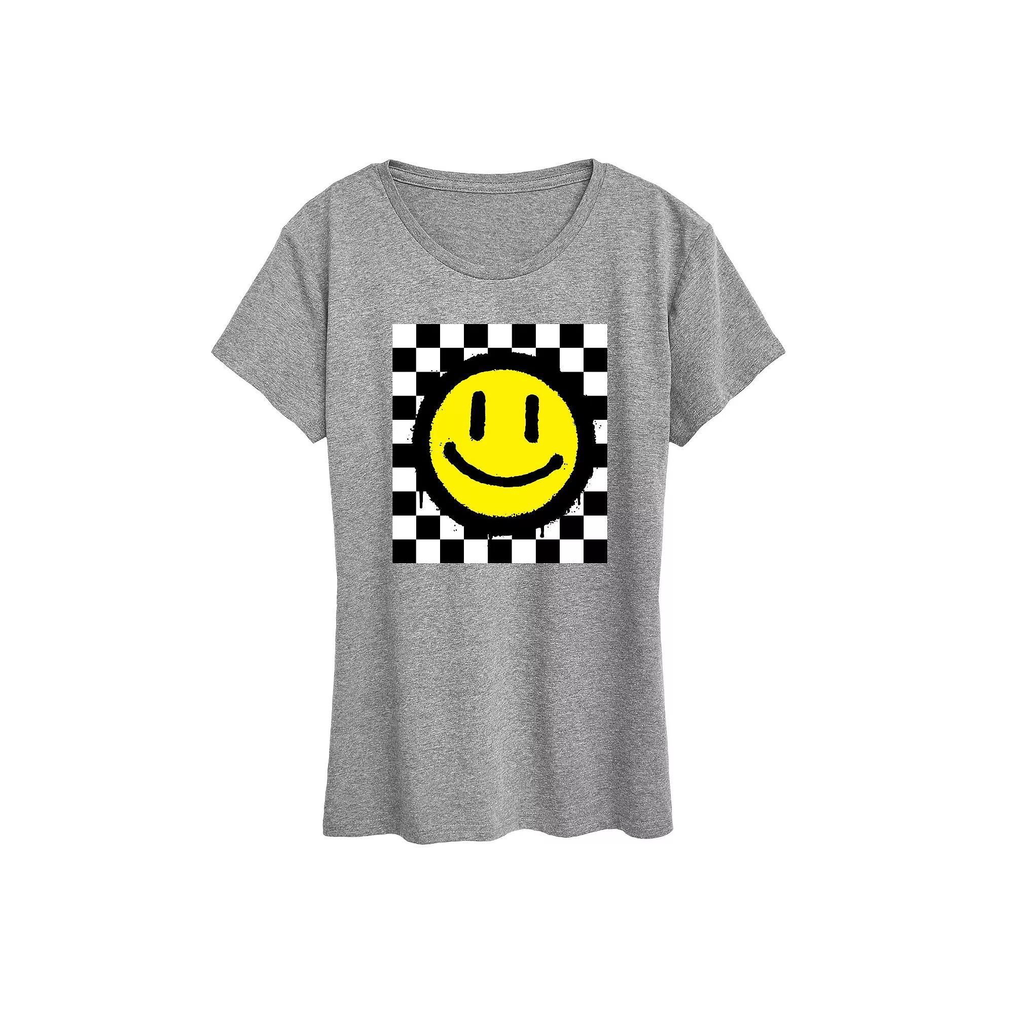 Womens Checkerboard Retro Smile Graphic Tee Grey Royal Blue Product Image
