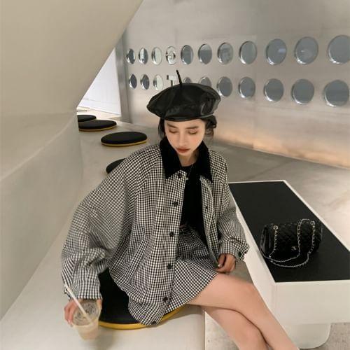 Gingham Contrast Collar Button-Up Shirt Jacket / High Waist Pleated Mini A-Line Skirt Product Image