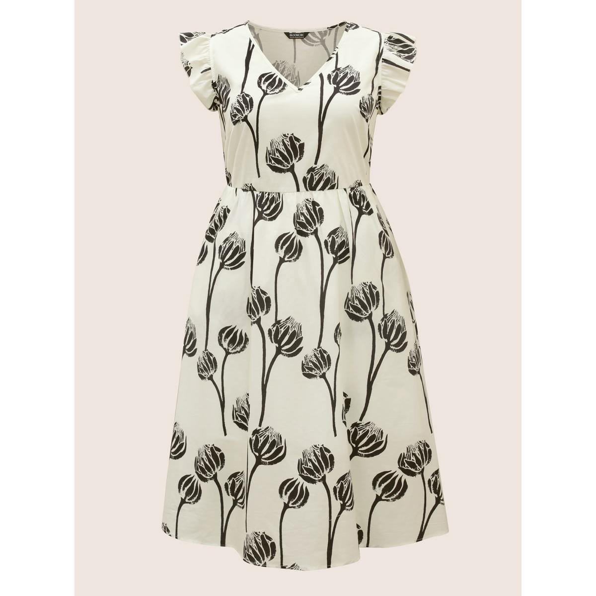 Plus Size V Neck Floral Print Ruffle Cap Sleeve Dress WhiteSmoke Women Elegant Ruffles V-neck Cap Sleeve Curvy BloomChic 14-16/1X Product Image