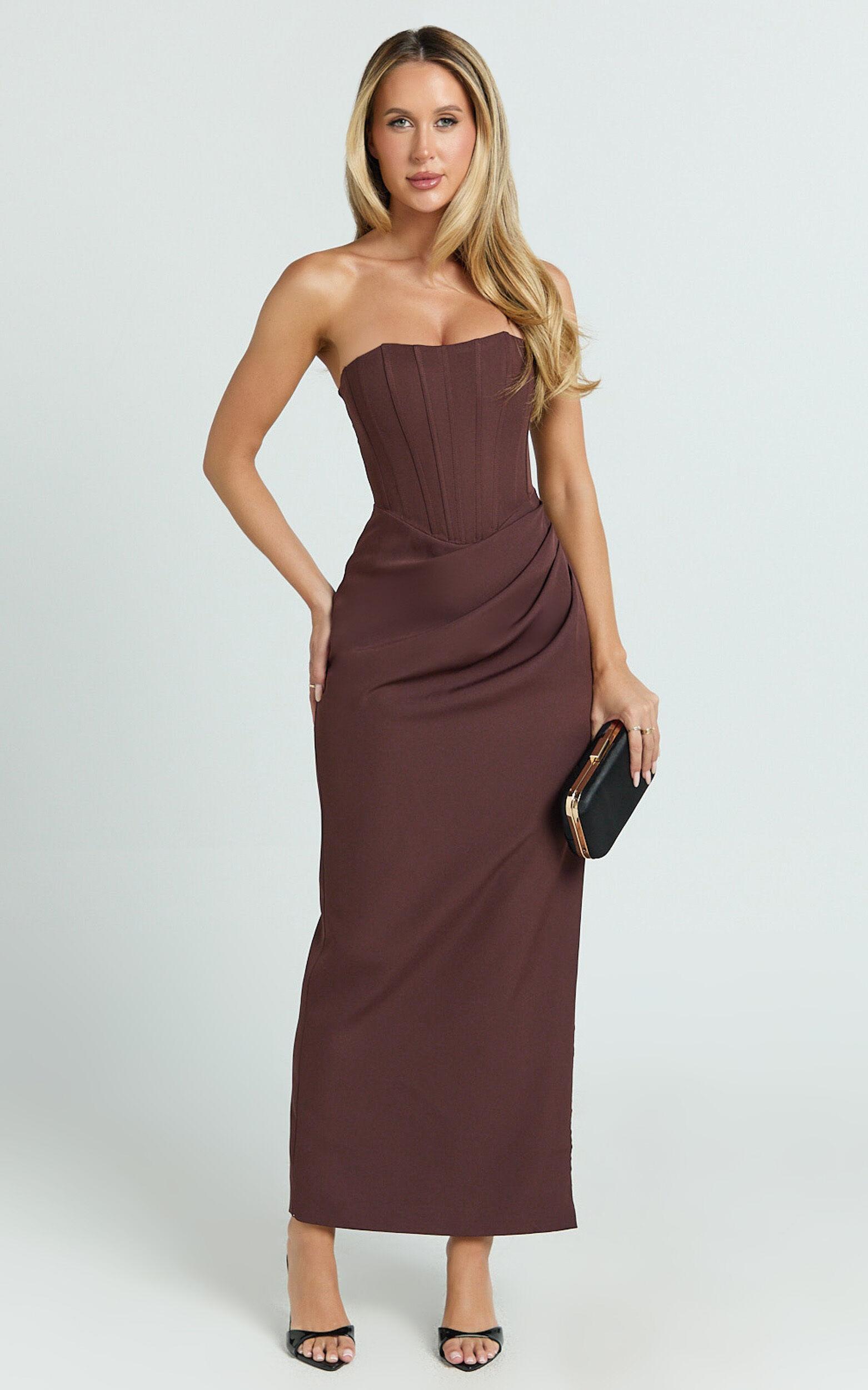 Avery Midi Dress - Strapless Draped Side Split Dress in Chocolate Product Image