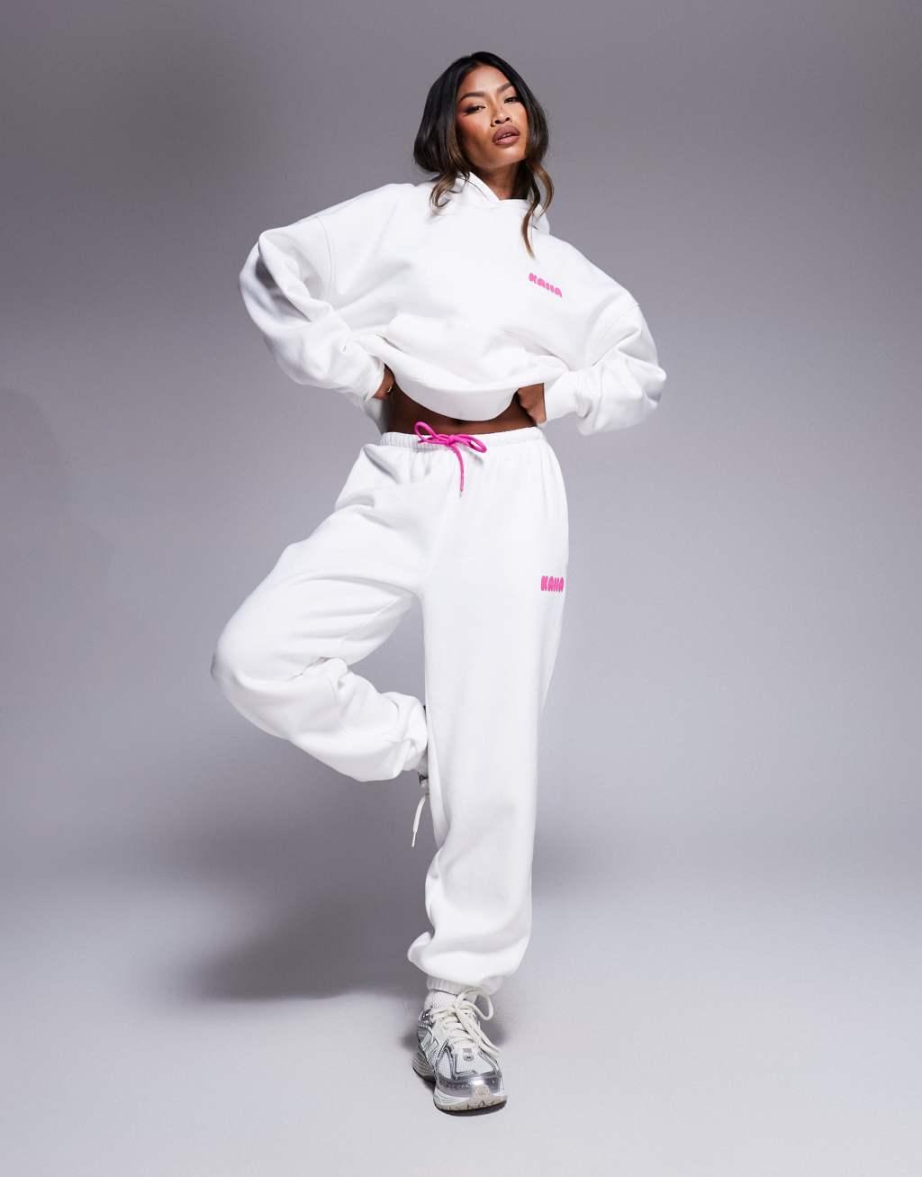 Kaiia wavy back print logo hoodie in white and pink - part of a set Product Image