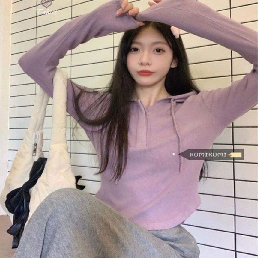 Long Sleeve Henley Plain Hood T-Shirt Product Image