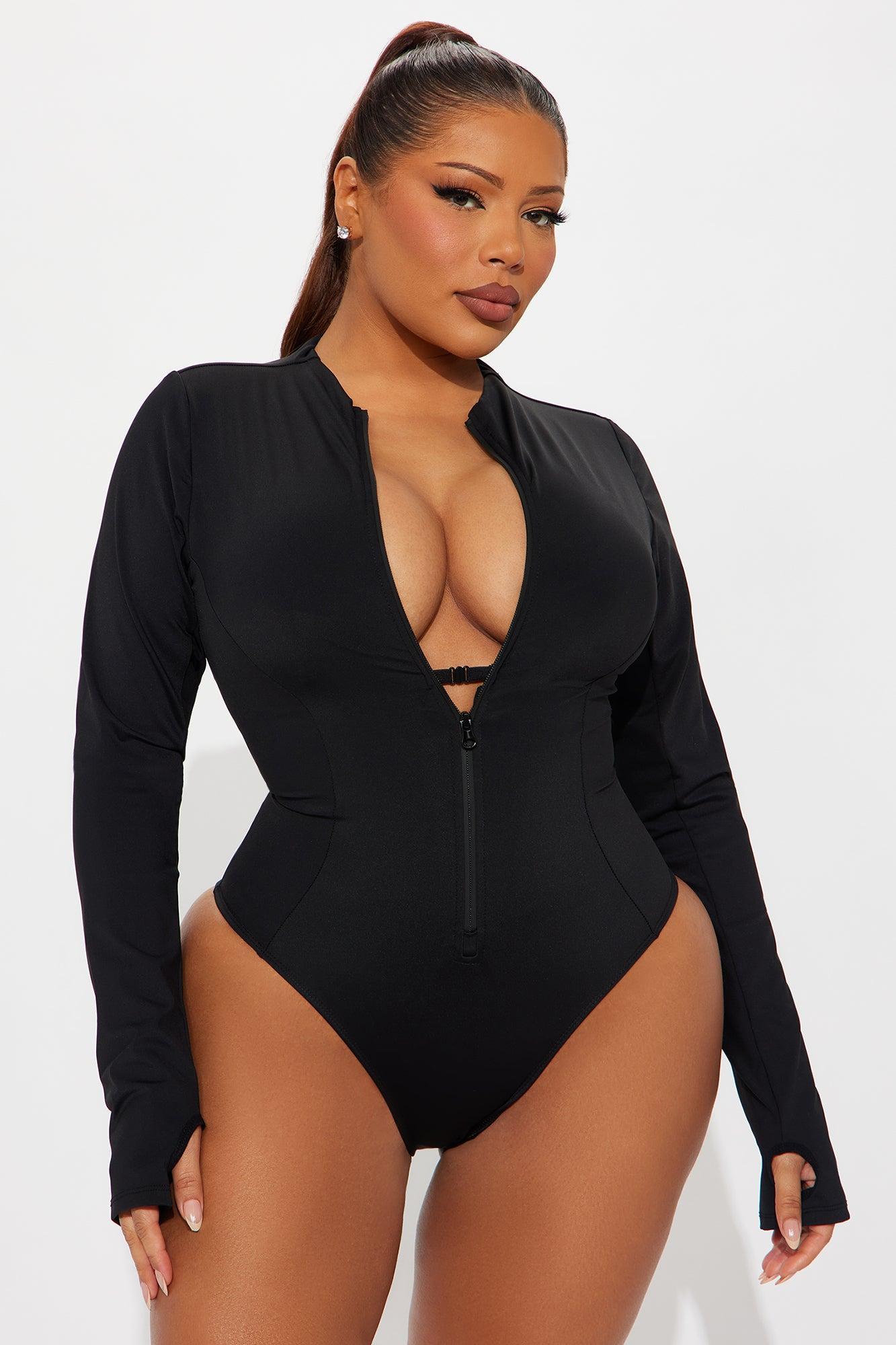 Delvina Snatched Sculpting Lace Up Long Sleeve 1 Piece Swimsuit Rashguard - Black Product Image