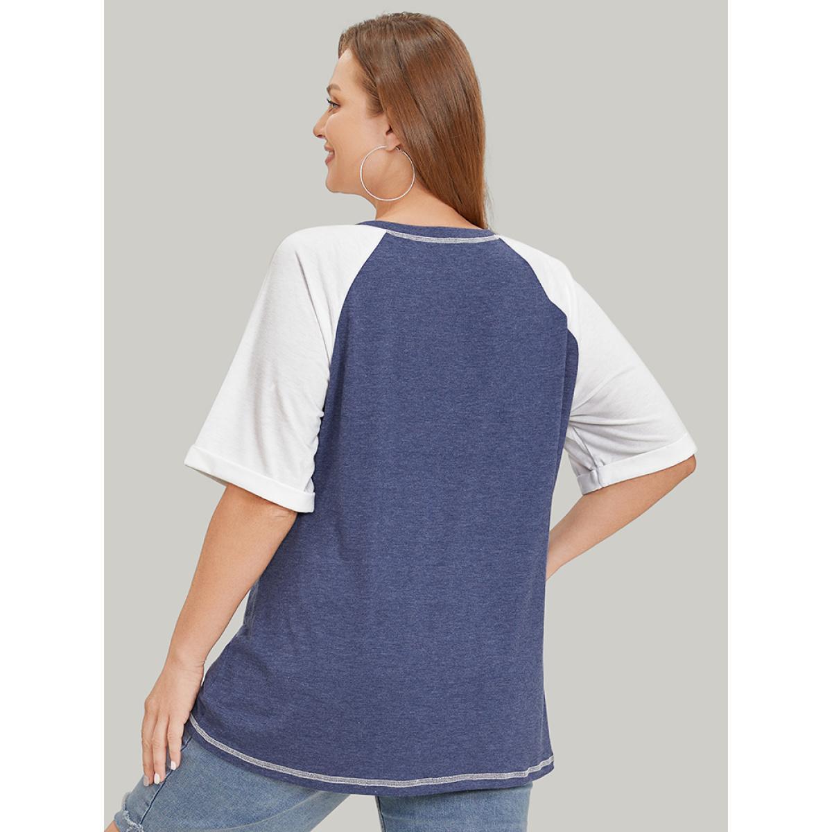 Plus Size Supersoft Essentials Two Tone Stitch Roll Raglan Sleeve T-shirt DarkBlue Women Casual Contrast Colorblock Round Neck Dailywear T-shirts BloomChic 14-16/1X Product Image