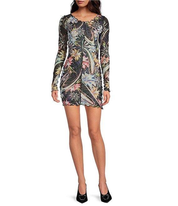 Agua Bendita Hadley Floral Mesh Boat Neck Long Sleeve Mini Dress Product Image