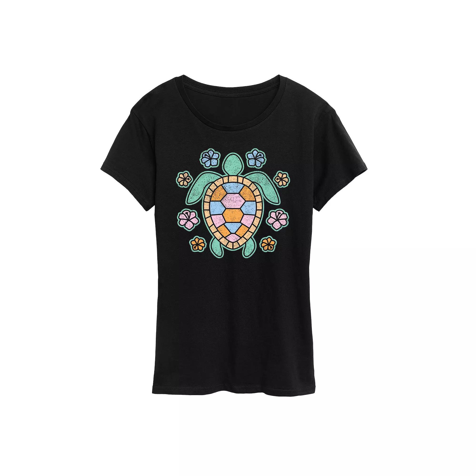 Women's Turtle And Flowers Graphic Tee, Size: Large, Grey Royal Blue Product Image