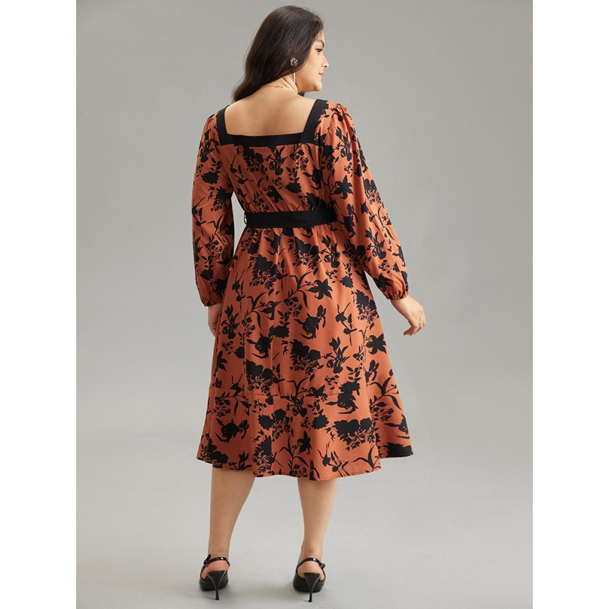 Plus Size Silhouette Floral Print Square Neck Belted Dress Chocolate Women Office Elastic cuffs Square Neck Long Sleeve Curvy Midi Dress BloomChic 26/4X Product Image