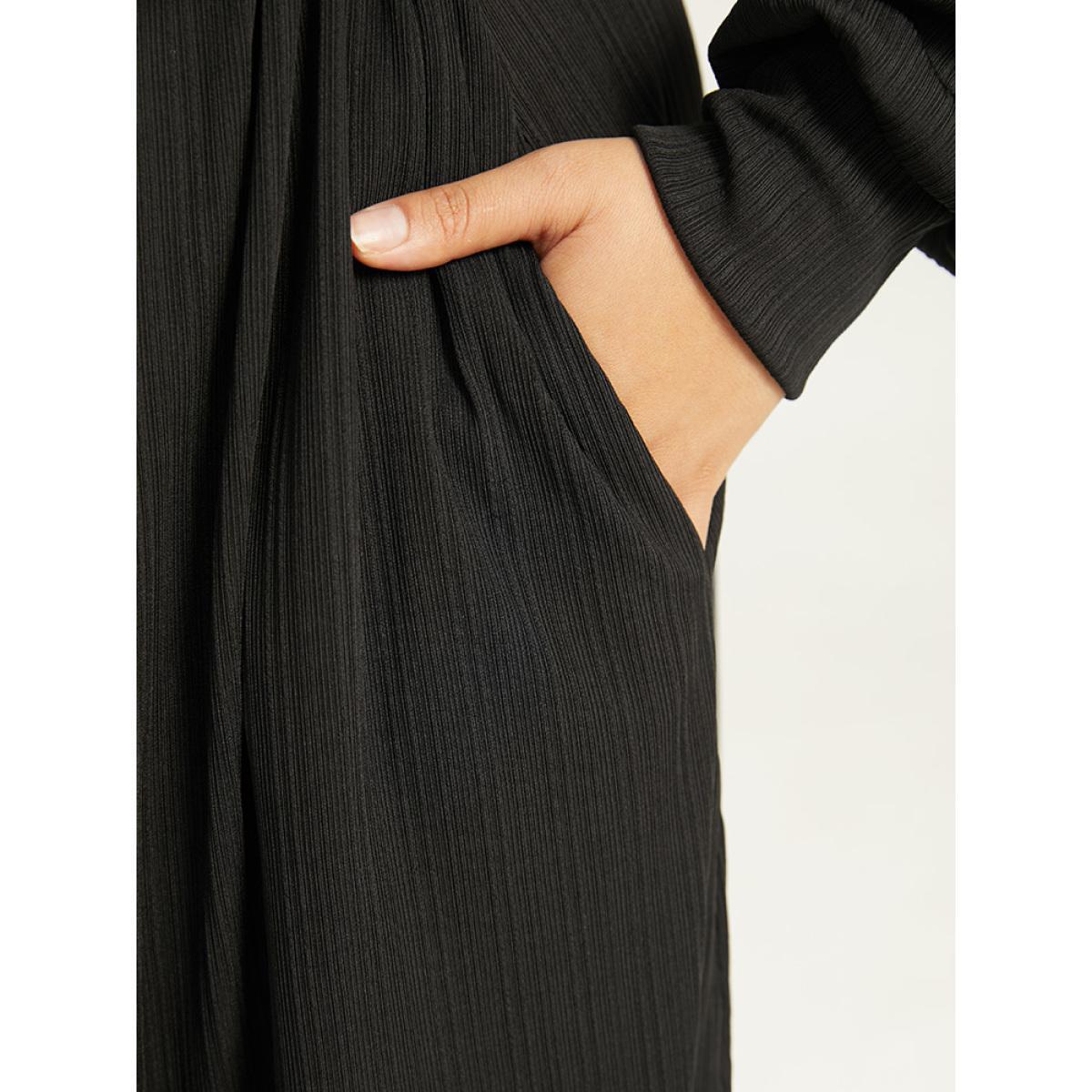 Plus Size Rib Knit Solid Pocket Pleated Belted Dress Black Women Casual Plain Round Neck Long Sleeve Curvy Midi Dress BloomChic 12/L Product Image
