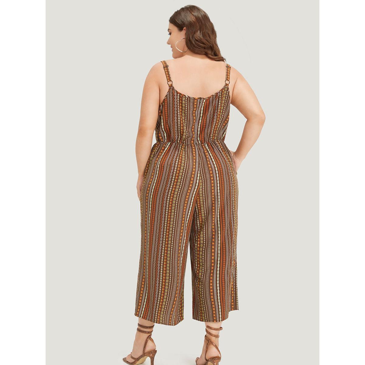 Plus Size DarkBrown Bandana Print Pocket Adjustable Straps Wrap Cami Jumpsuit Women Elegant Sleeveless Spaghetti Strap Dailywear Loose Jumpsuits BloomChic 14-16/1X Product Image