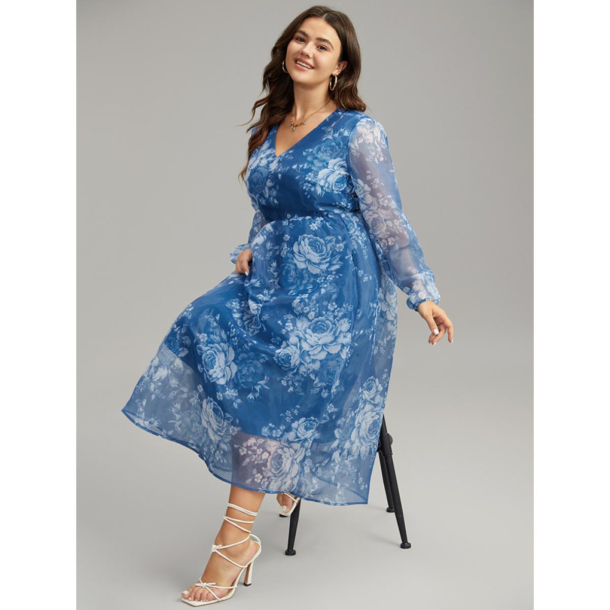 Plus Size Silhouette Floral Print Elastic Cuffs Mesh Dress Cerulean Women Elegant Elastic cuffs V-neck Long Sleeve Curvy Midi Dress BloomChic 28/5X Product Image