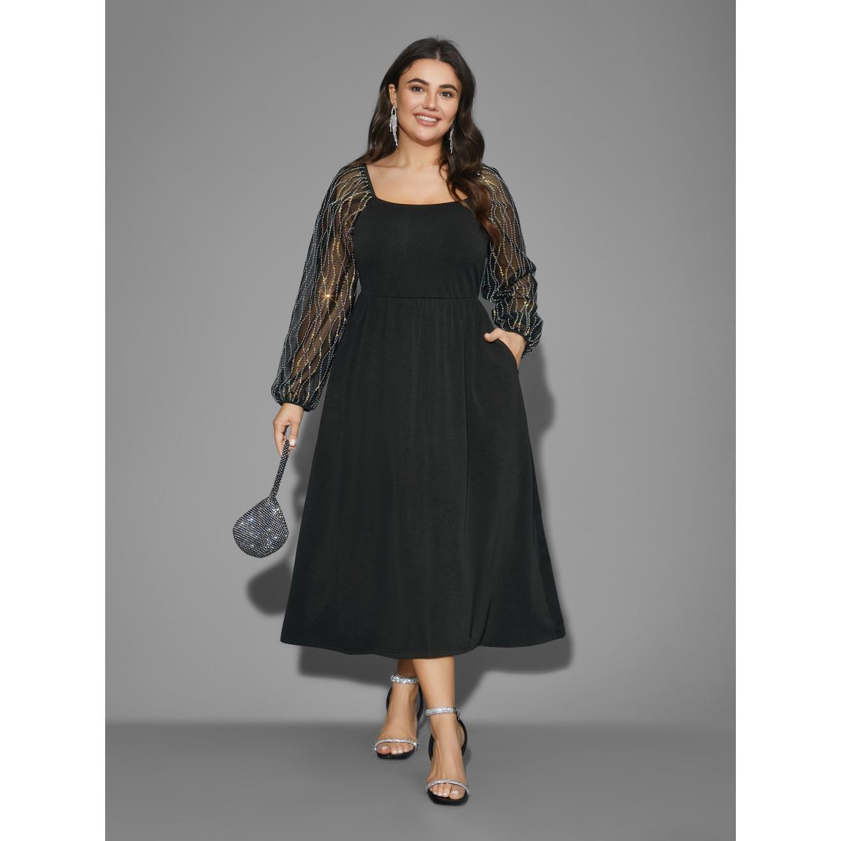 Plus Size Square Neck Patchwork Sequin Mesh Dress Black Women Cocktail Texture Party Curvy Bloomchic 22-24/3X Product Image