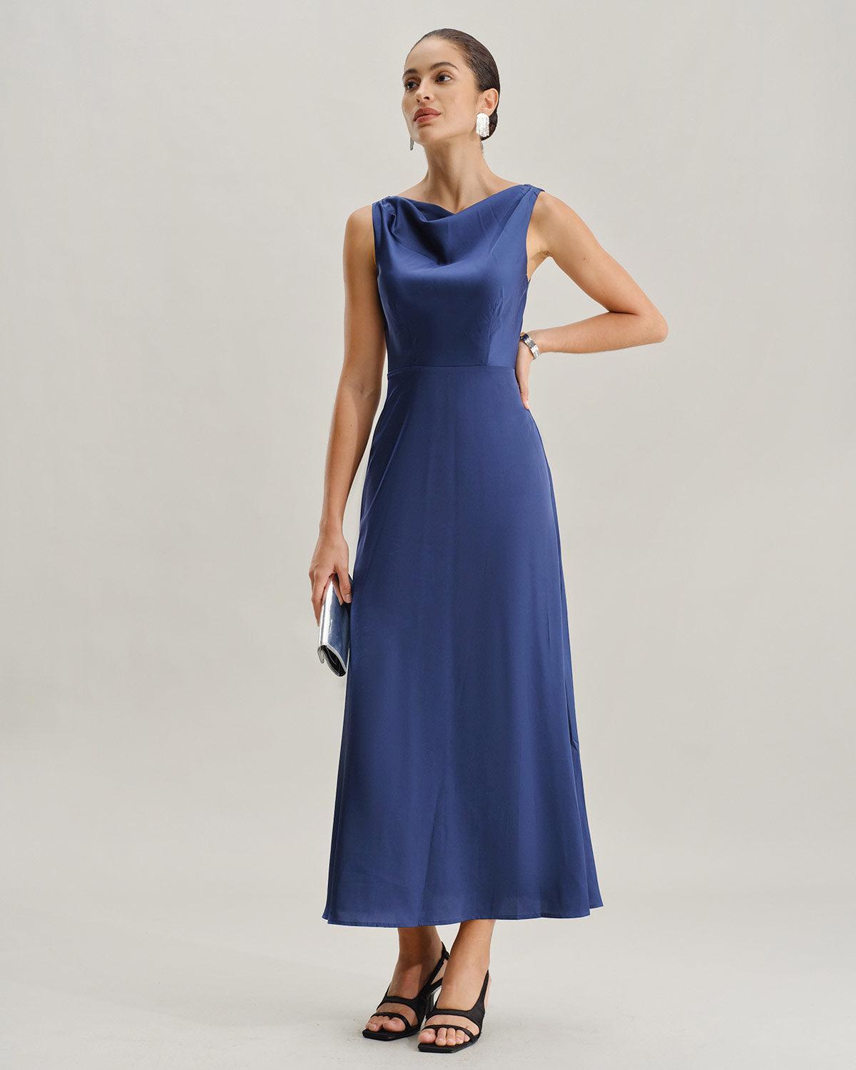 Navy Cowl Neck Satin Sleeveless Maxi Dress Product Image