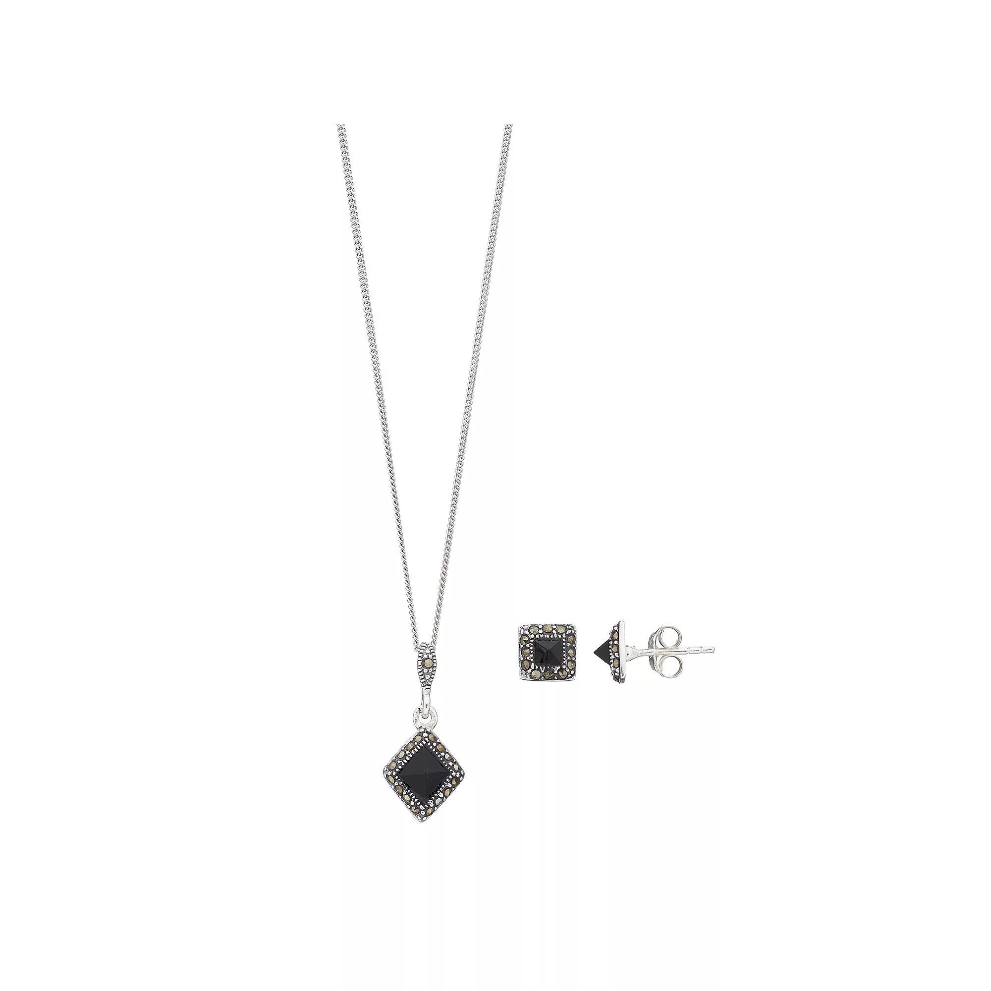 Tori Hill Sterling Silver Onyx & Marcasite Pendant & Stud Earring Set, Women's, Size: 18" Product Image