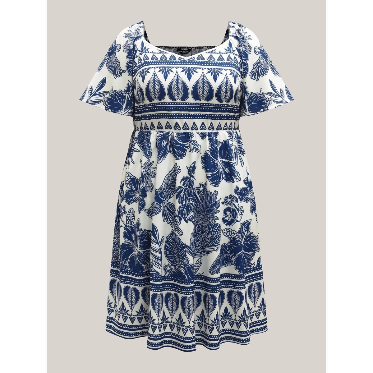 Plus Size Boho Print Fit Flare Pockets Midi Dress DarkBlue Women Resort Non Heart neckline Short sleeve Curvy BloomChic 30/6X Product Image