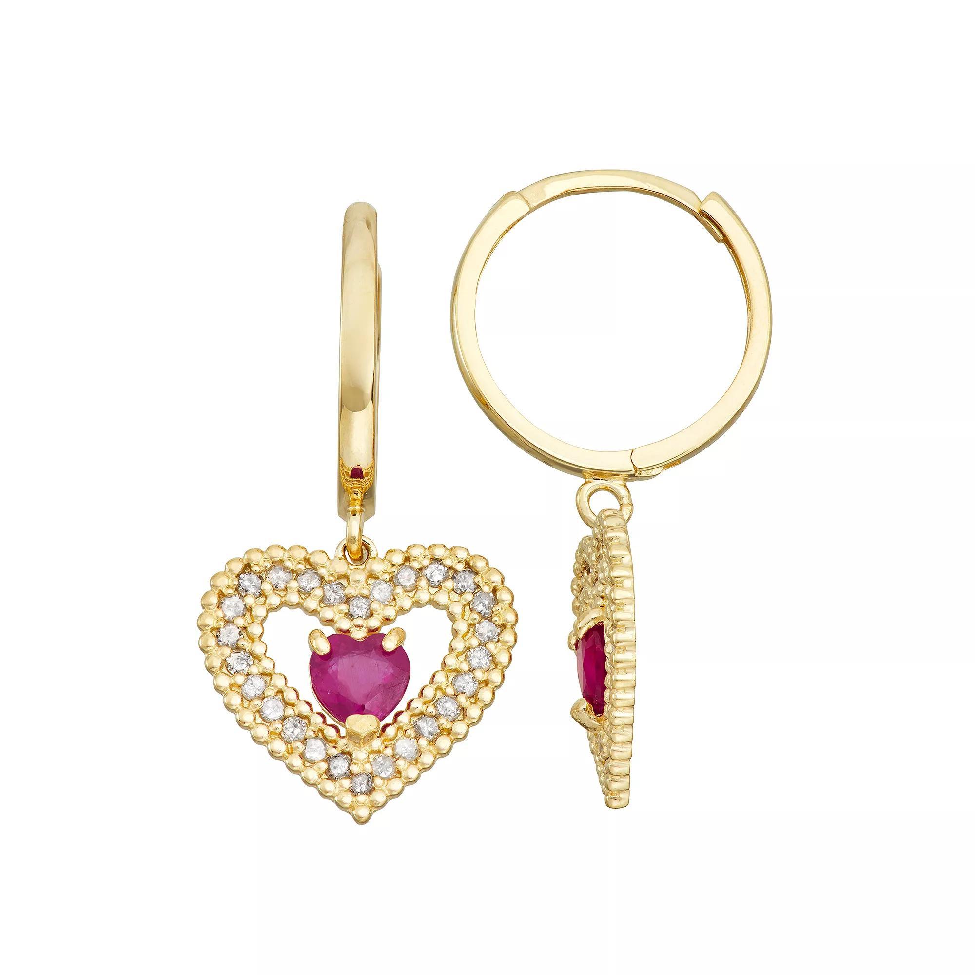 Tiara 10k Gold Ruby & 1/3 Carat T.W. Diamond Heart Drop Earrings, Women's Product Image