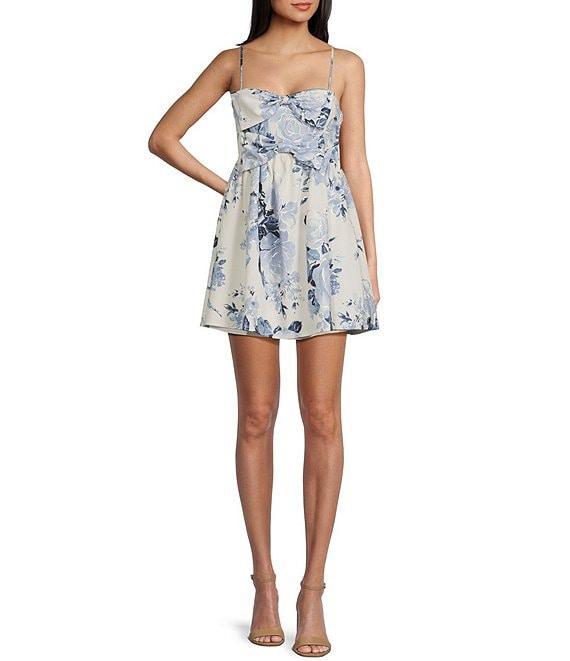 City Vibe Spaghetti Strap Bow Front Shirred Floral Mini Dress Product Image
