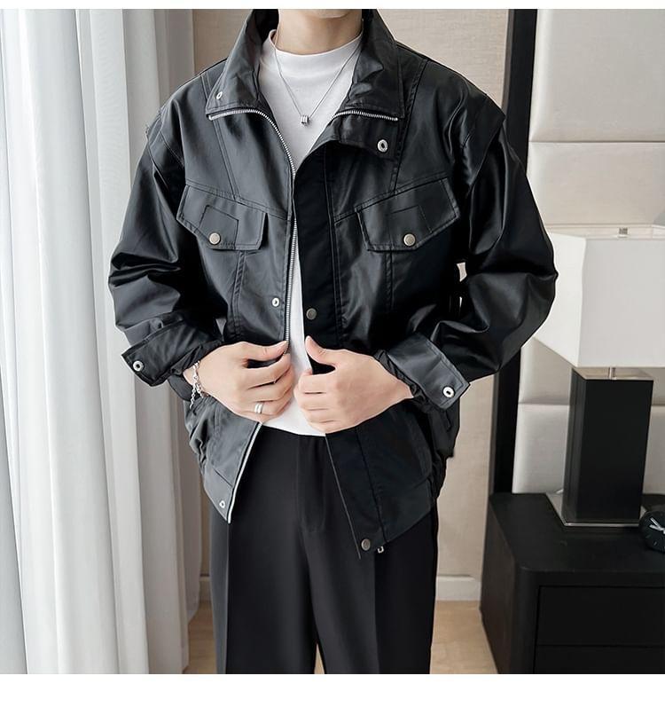 Stand Collar Plain Panel Faux Leather Zip Jacket Product Image