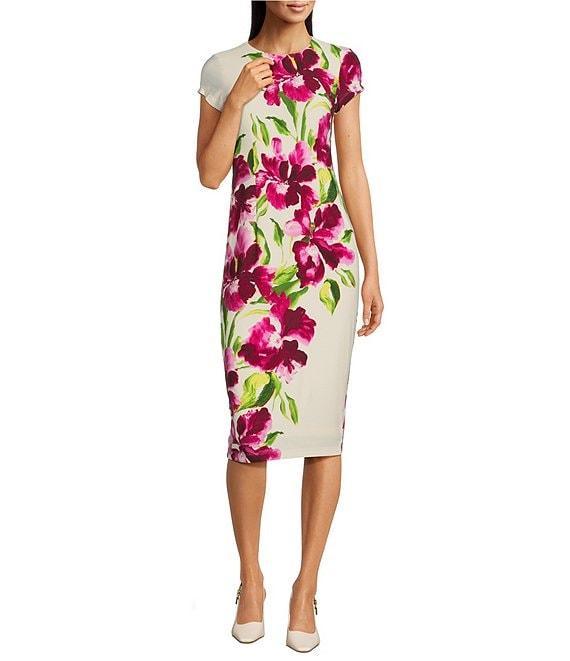 Maggy London Matte Jersey Floral Print Crew Neck Short Sleeve Sheath Midi Dress Product Image