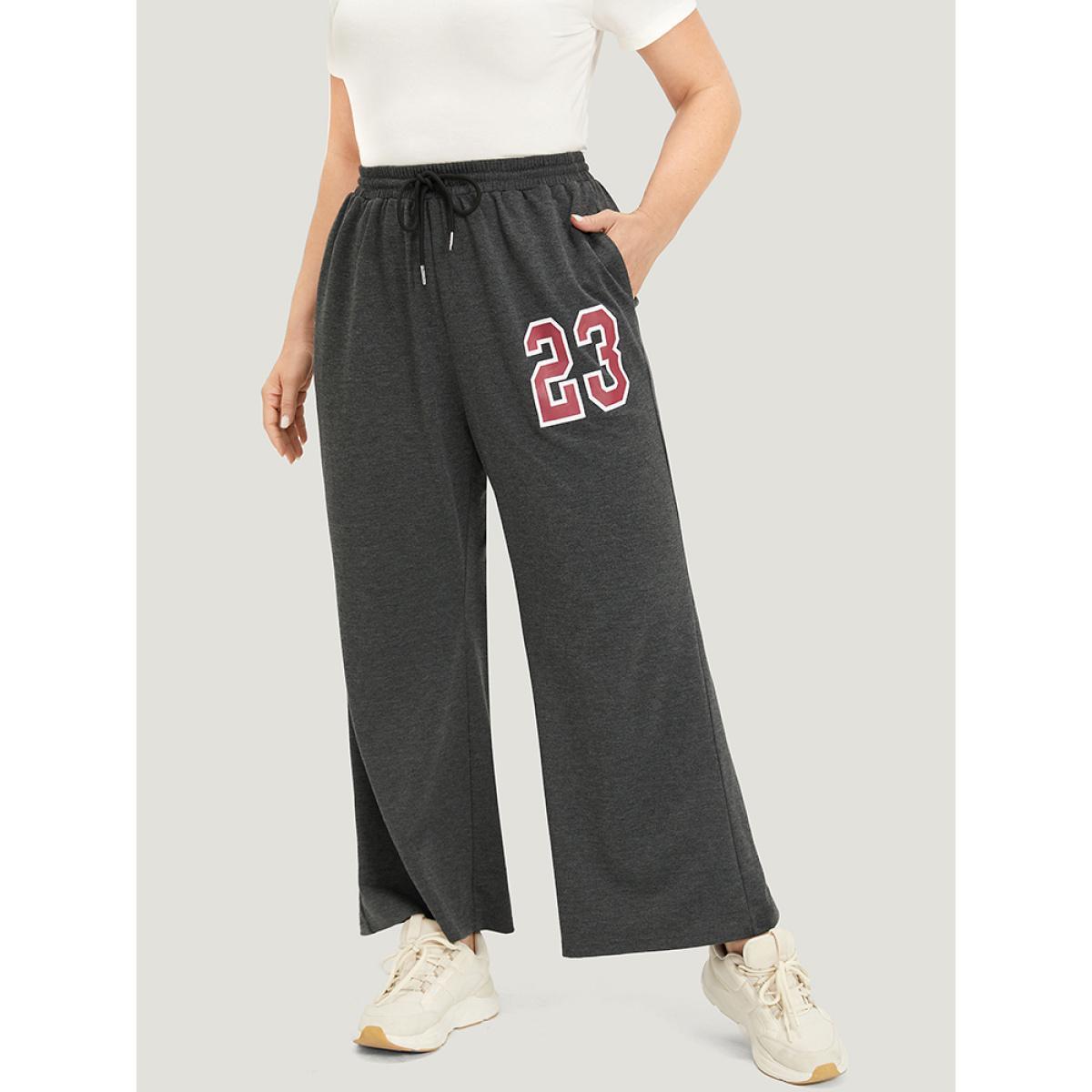 Number Print Drawstring Pocket Elastic Waist Sweatpants DimGray Plus Size Women Casual Dailywear Plain 10/M Bloomchic Product Image
