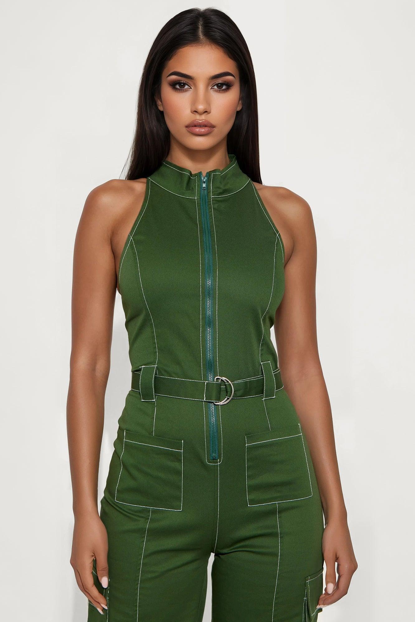 Naya Twill Zip Up Jumpsuit - Green Product Image