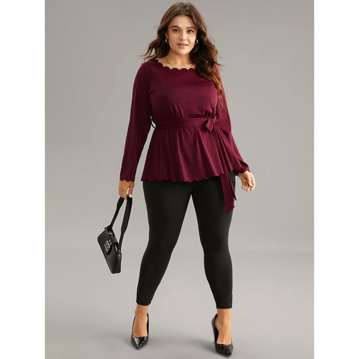 Plus Size Scarlet Solid Scalloped Trim Elastic Waist Belted Blouse Women Office Long Sleeve Round Neck Party Blouses BloomChic 14-16/1X Product Image