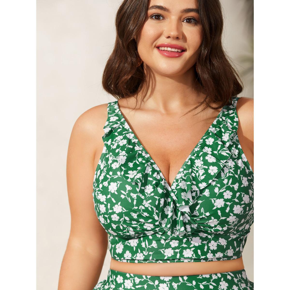 Plus Size Ruffled Ditsy Floral Print Swim Top Women's Swimwear Greenbean Beach Ruffles High stretch Skinny Overlap Collar Curve Swim Tops BloomChic 10/M Product Image