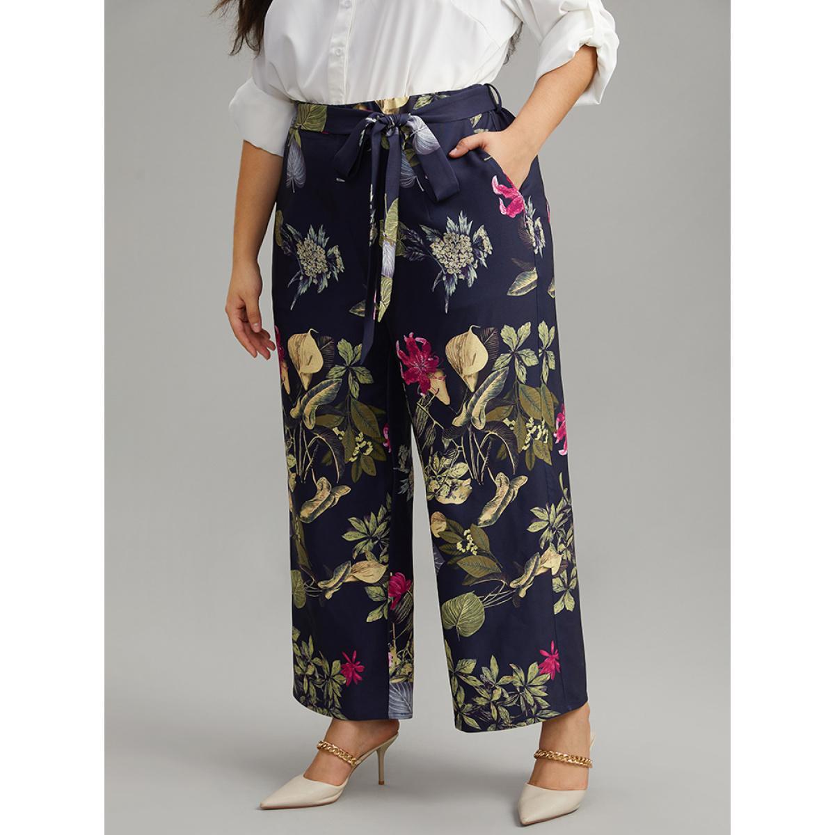 Plus Size Floral Print Belted Straight Leg Pants Women Indigo Elegant Wide Leg High Rise Dailywear Pants BloomChic 22-24/3X Product Image