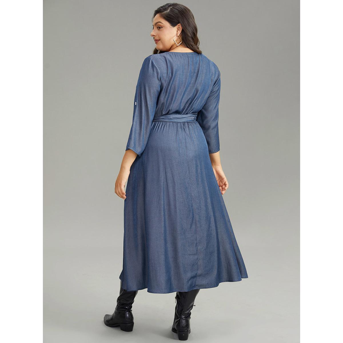 Plus Size Plain Button Detail Wrap Belted Tab Sleeve Dress Indigo Women Casual Plain V-neck Long Sleeve Curvy Midi Dress BloomChic 14-16/1X Product Image