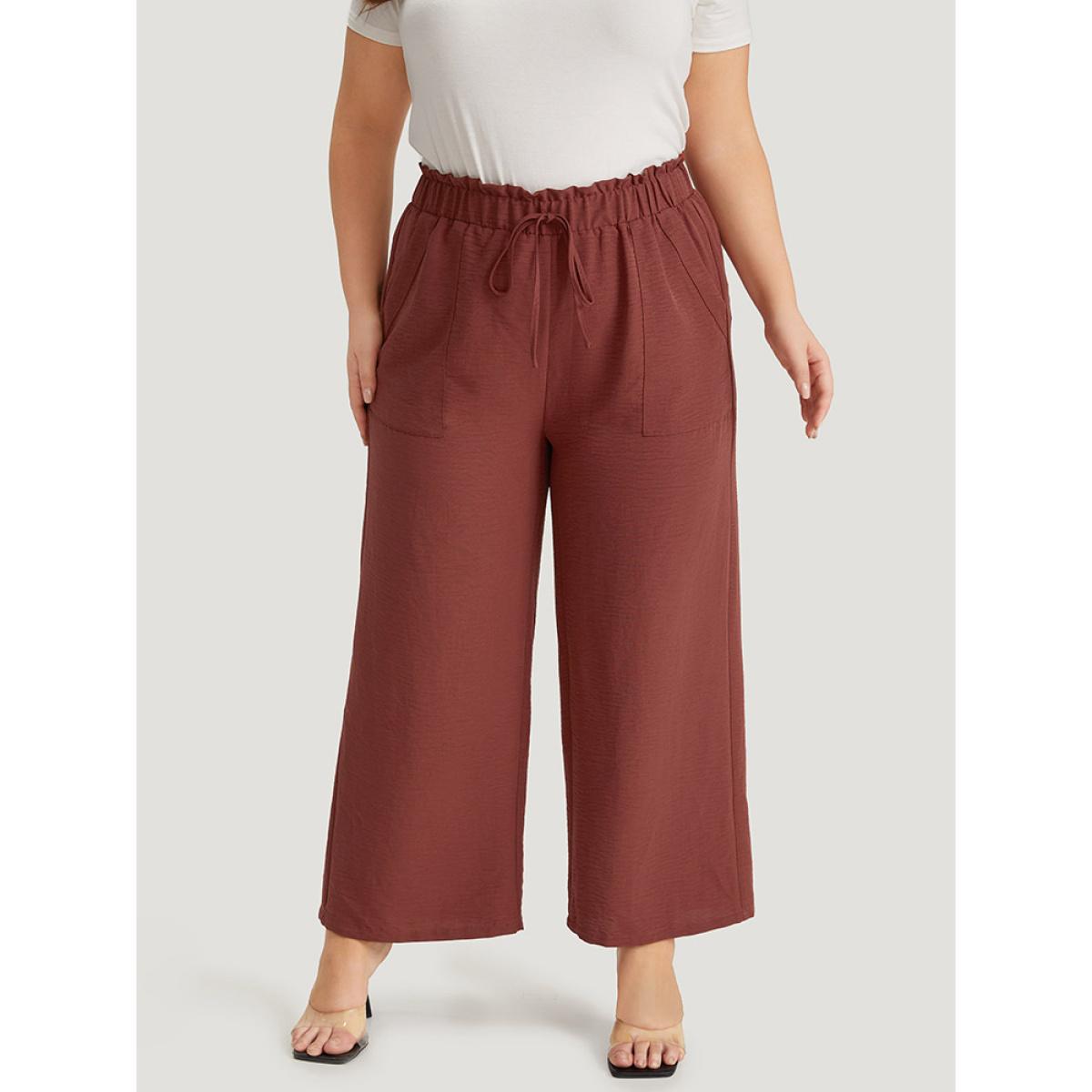 Plus Size Solid Paperbag Waist Pocket Ties Pants Women Tan Elegant High Rise Dailywear Pants BloomChic 18-20/2X Product Image