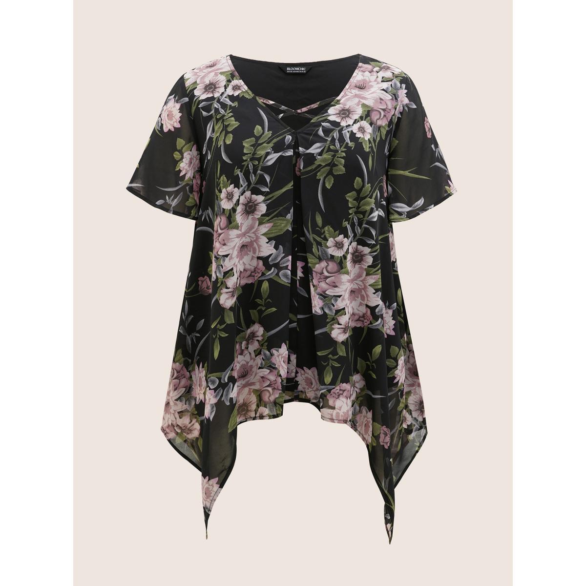 Plus Size Black Chiffon Floral Crisscross Hanky Hem Blouse Women Elegant Short sleeve V-neck Everyday Blouses BloomChic 14-16/1X Product Image
