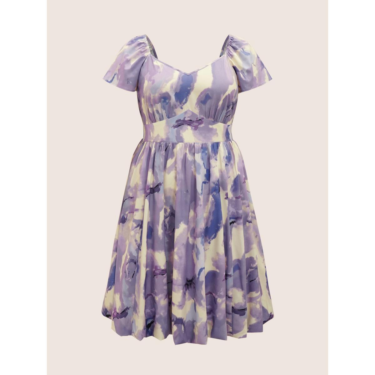 Plus Size Watercolor Floral Bubble Hem Pockets Dress DarkViolet Women Elegant Gathered Heart neckline Cap Sleeve Curvy BloomChic 14-16/1X Product Image