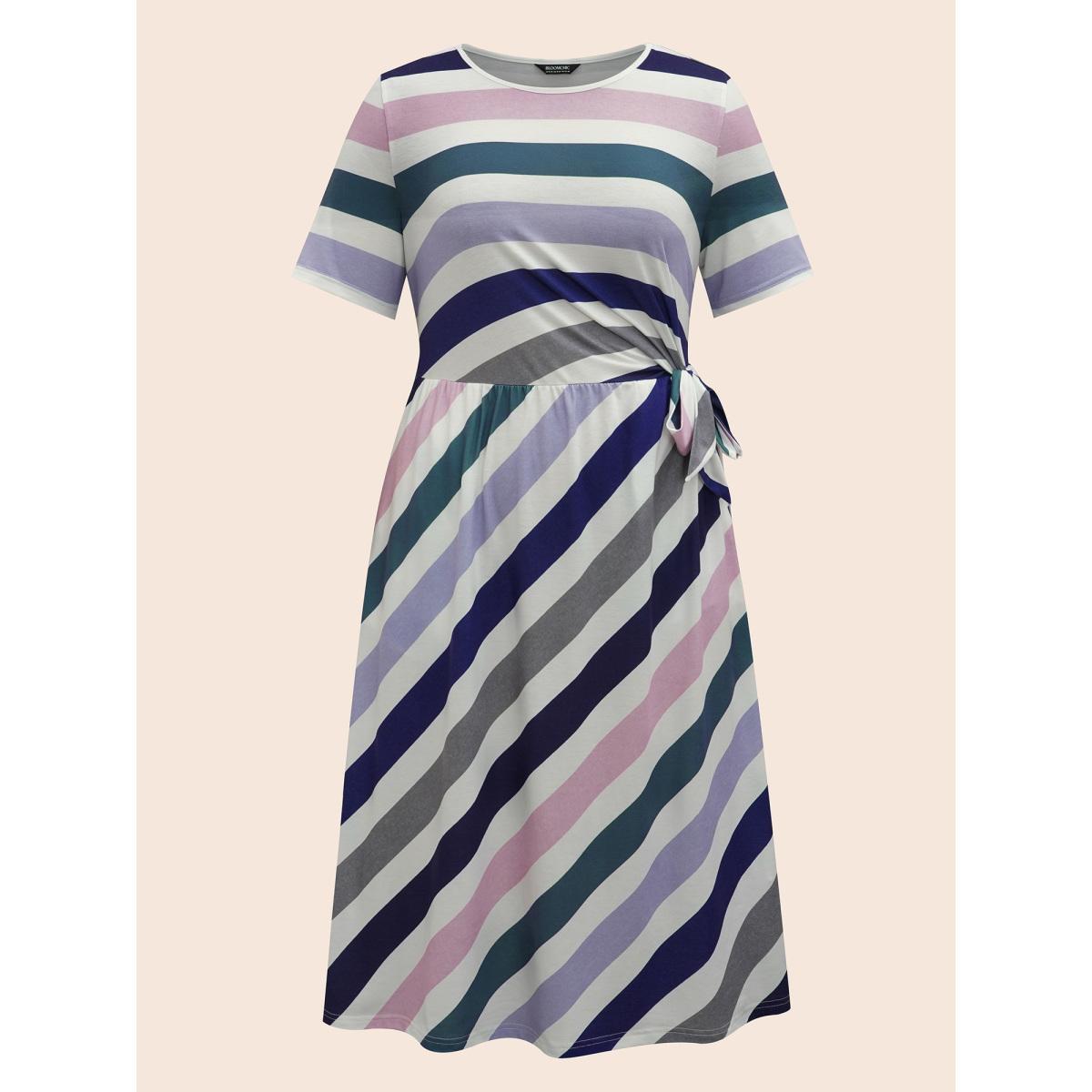 Plus Size Striped Waist-Tie Half Sleeve Midi Dress Multicolor Women Casual Tie knot Knit Dresses Bloomchic 18-20/2X Product Image