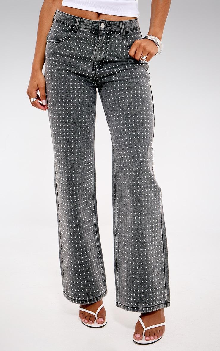Washed Grey Diamante Front Straight Leg Jeans Product Image