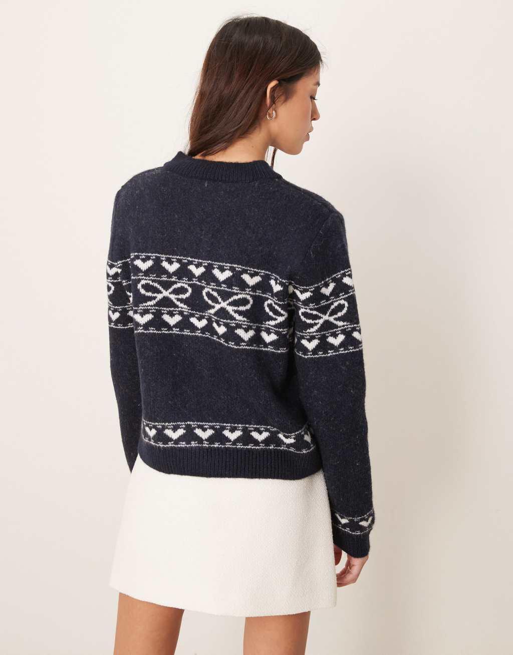 Miss Selfridge knit bow pattern valentine cardigan in navy Product Image