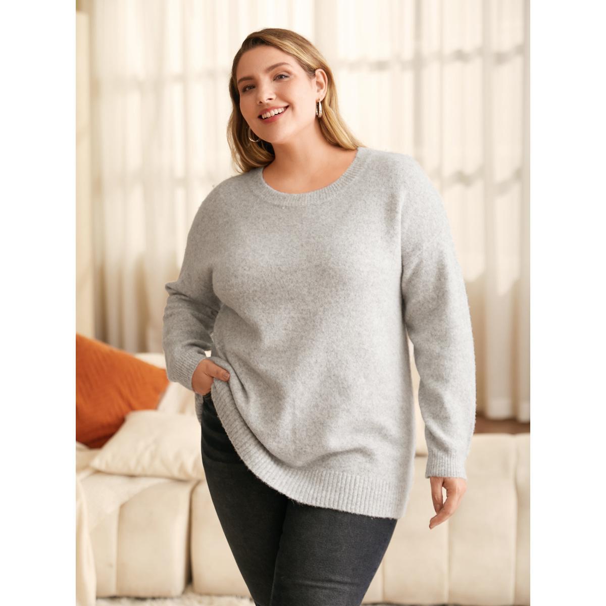 Plus Size Airy Cozy Drop Shoulder Wool Pullover LightGray Women Casual Long Sleeve Round Neck Everyday Pullovers BloomChic 26/4X Product Image