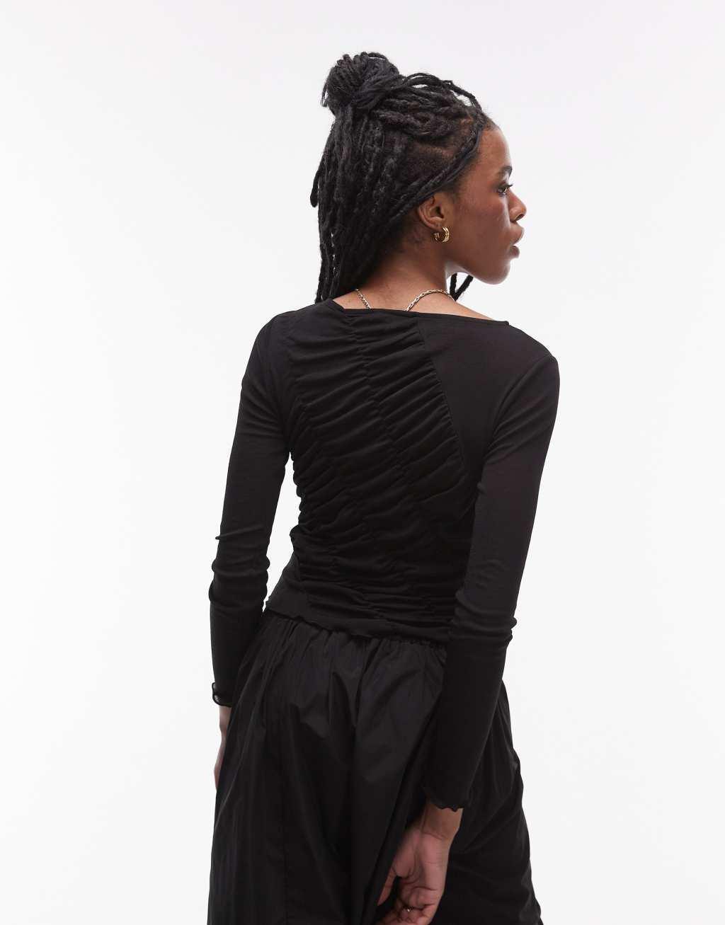 Topshop long sleeve shirred top in black Product Image