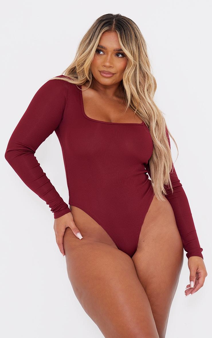 Shape Burgundy Rib Long Sleeve Square Neck Bodysuit Product Image