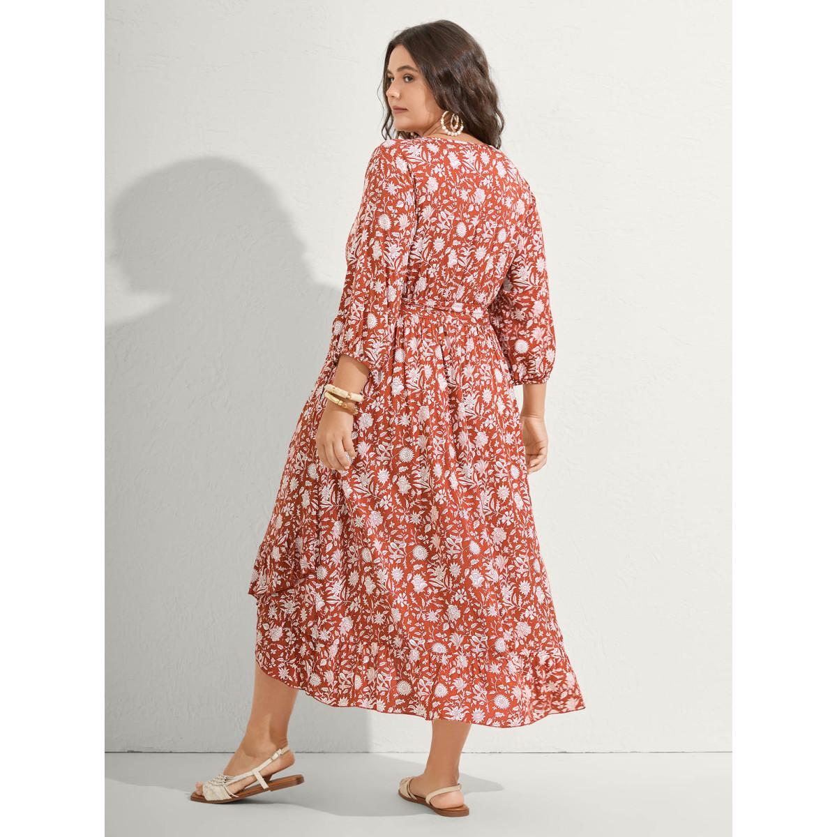 Plus Size Rayon Silhouette Flower Side-Tie Midi Dress Coral Women Overlap Collar Elbow-length sleeve Curvy BloomChic 30/6X Product Image
