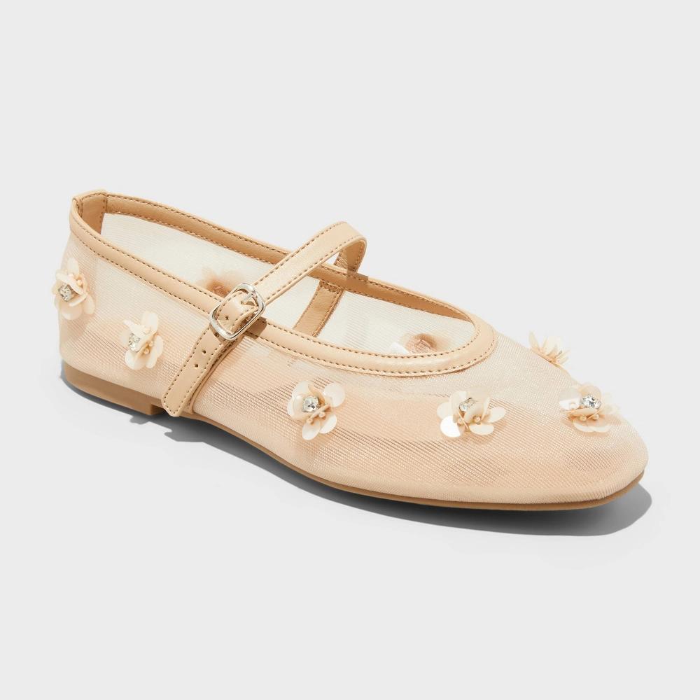 Womens Everly Floral Mesh Mary Jane Ballet Flats with Memory Foam Insole - A New Day Beige 11 Product Image