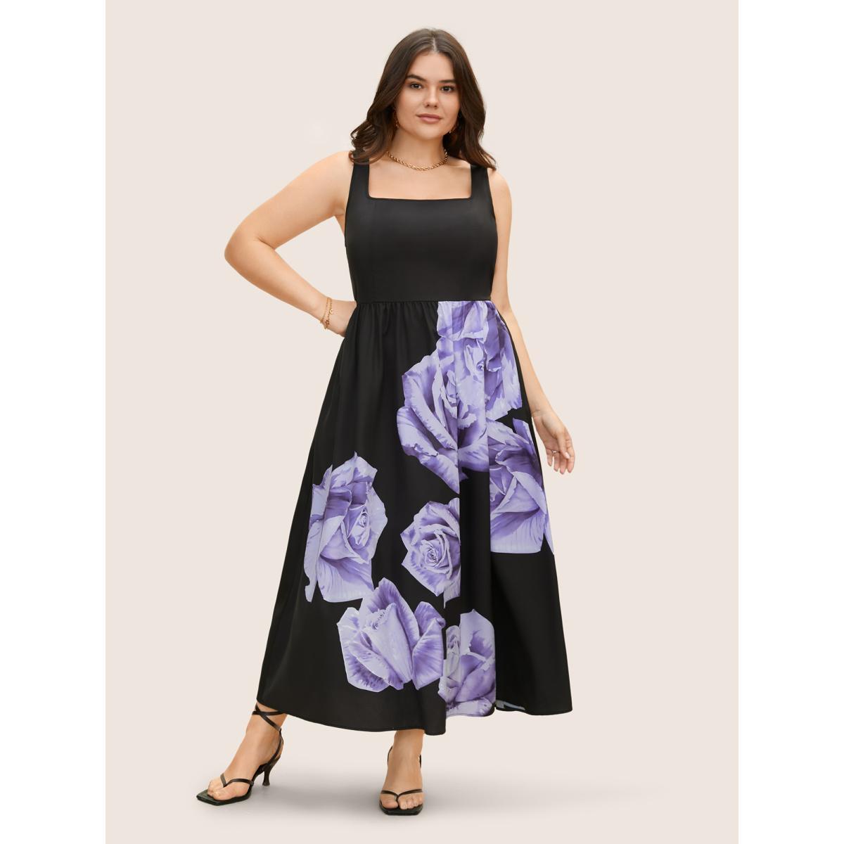 Plus Size Square Neck Rose Print Elastic Waist Maxi Dress Black Women Elegant Gathered Square Neck Sleeveless Curvy BloomChic 30/6X Product Image