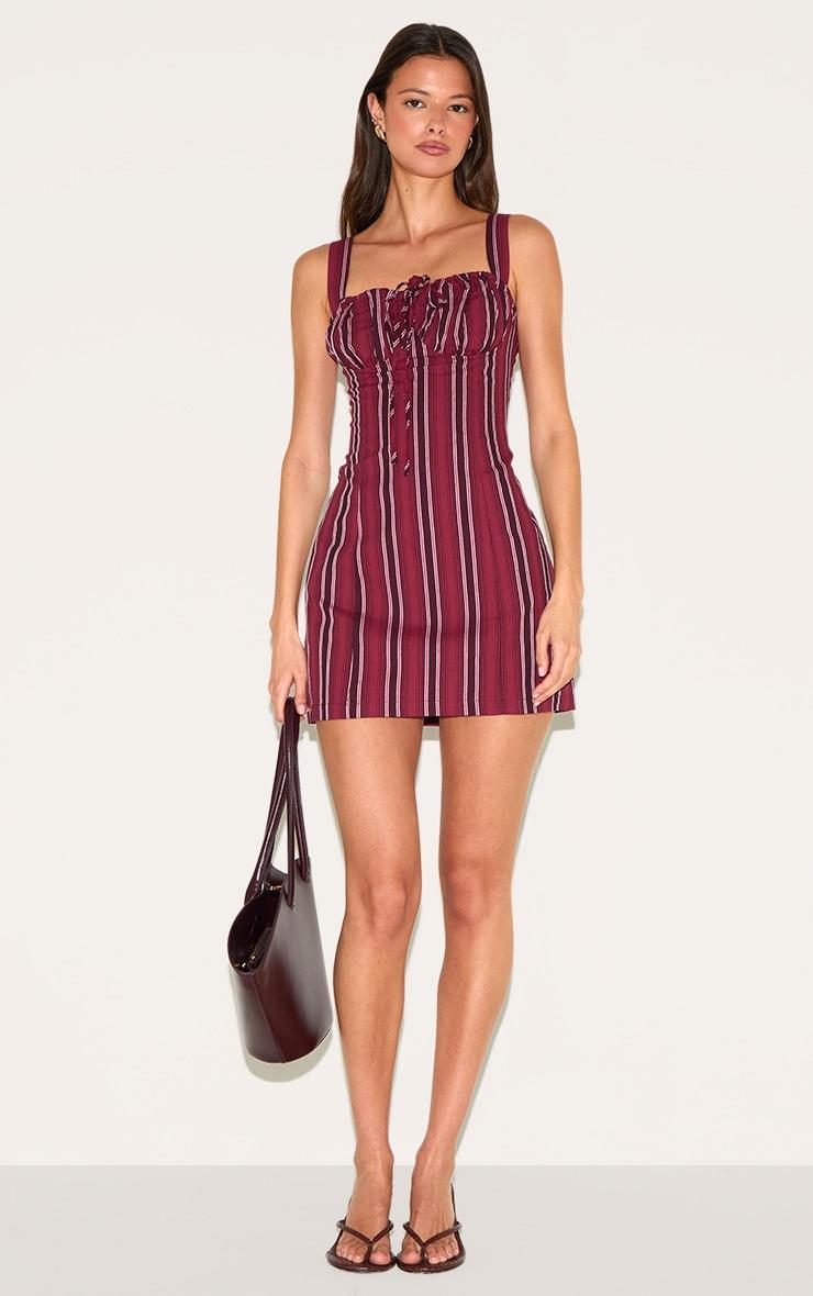 Burgundy Pinstripe Tie Detail Shift Dress Product Image