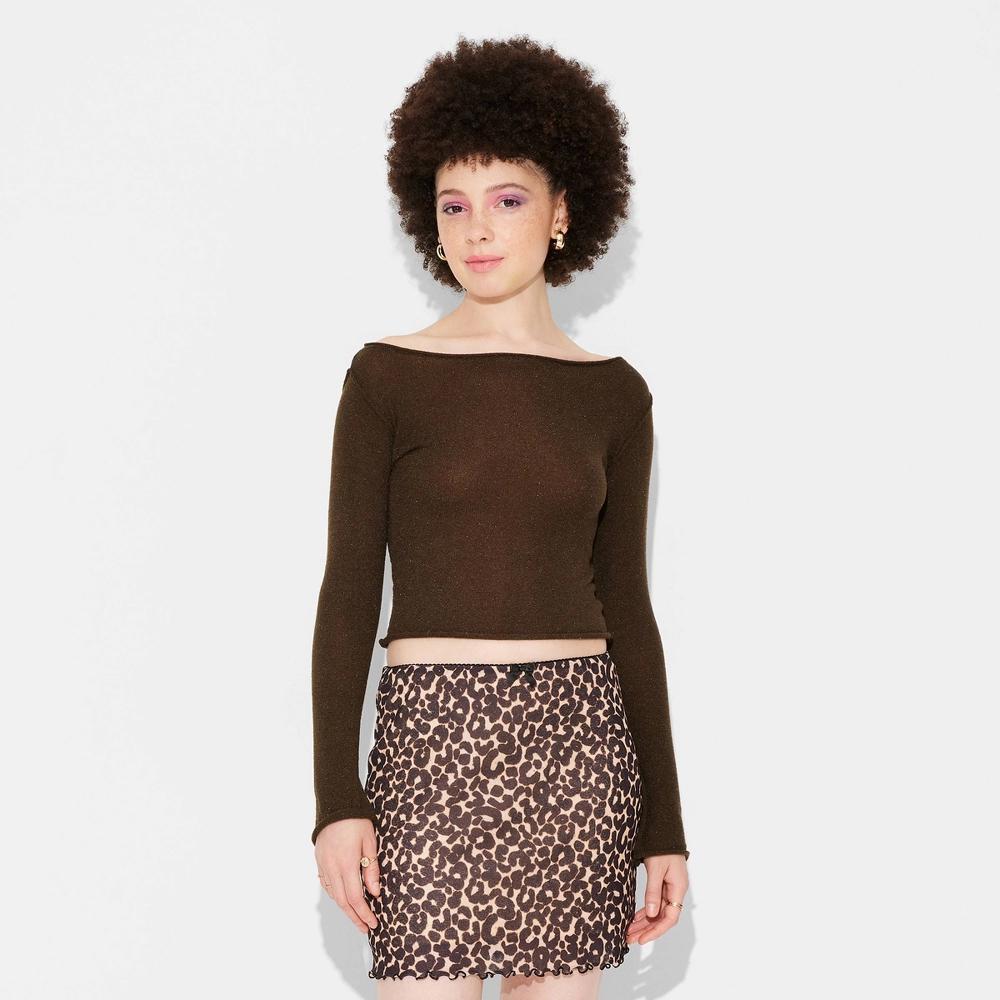 Womens Sheer Boat Neck Pullover Sweater - Wild Fable Dark Brown XXS Product Image