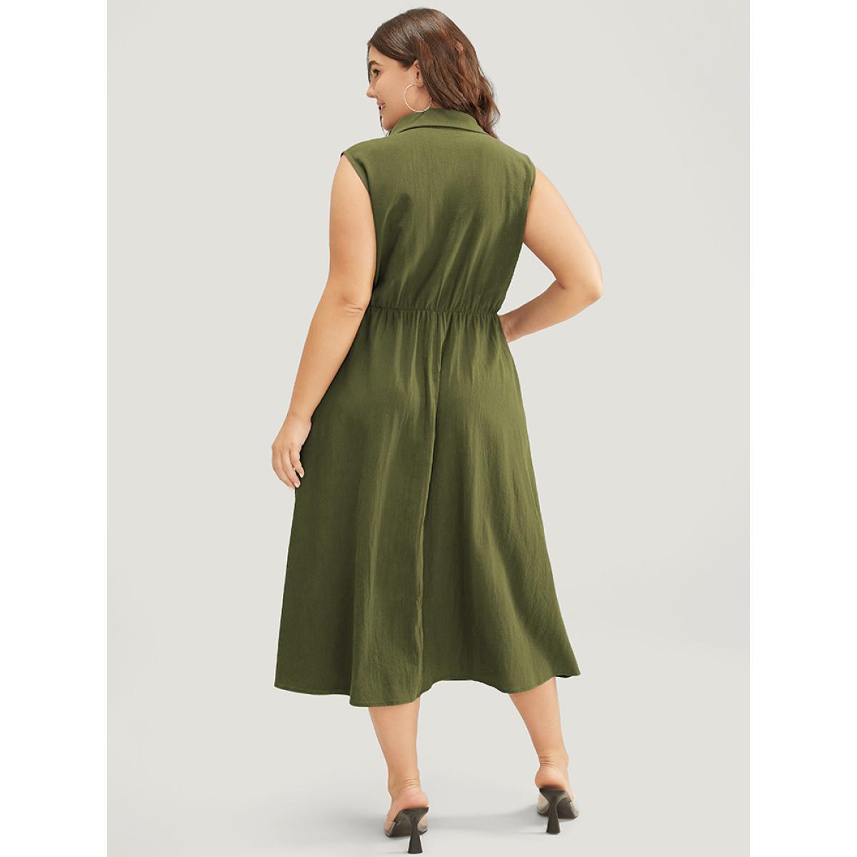 Plus Size Solid Shirt Collar Sleeveless Pocket Button Up Split Hem Dress ArmyGreen Women Office Button Shirt collar Sleeveless Curvy Midi Dress BloomChic 12/L Product Image