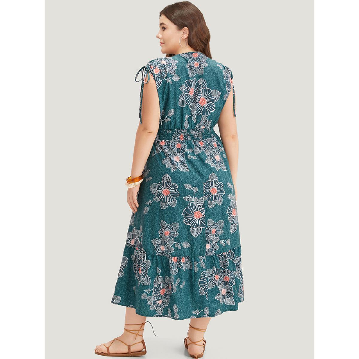 Plus Size Floral Print Shirred Overlap Collar Drawstring Dress Teal Women Vacation Printed V-neck Short sleeve Curvy Midi Dress BloomChic 22-24/3X Product Image