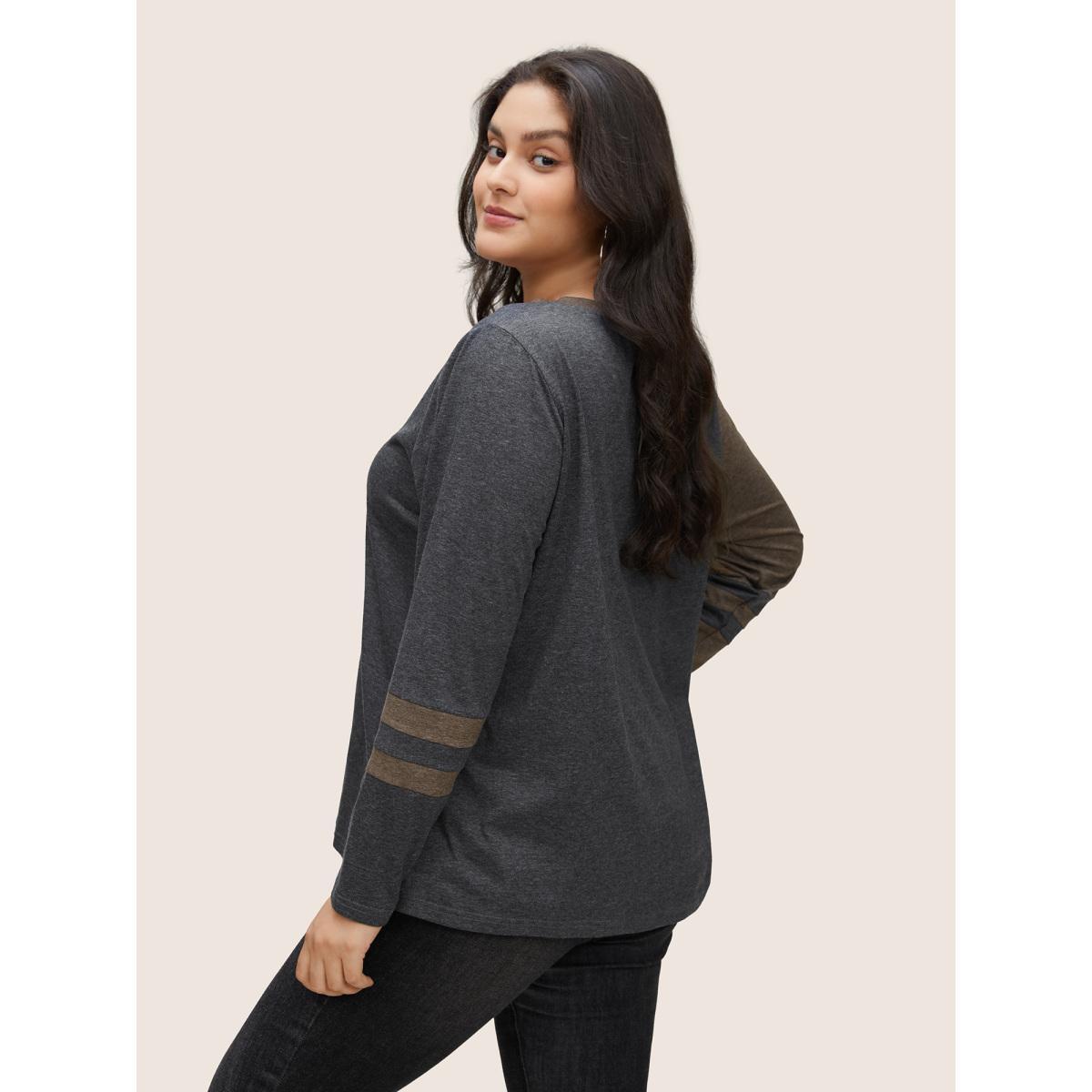 Plus Size Two Tone Contrast Round Neck T-shirt Multicolor Women Casual Contrast Plain Round Neck Everyday T-shirts BloomChic 28/5X Product Image